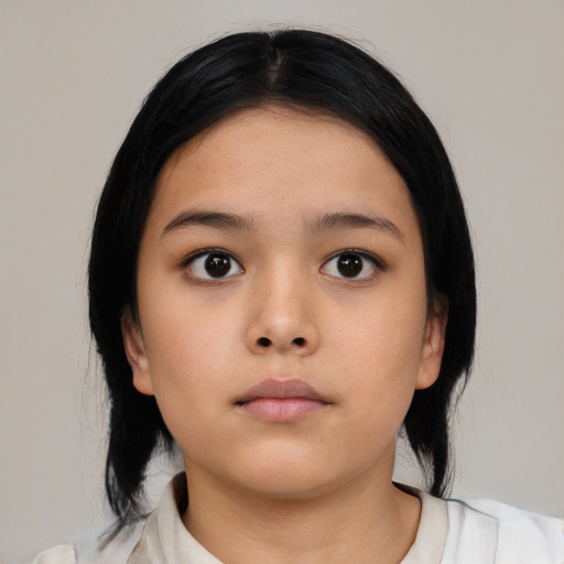 Neutral asian young-adult female with medium  black hair and brown eyes