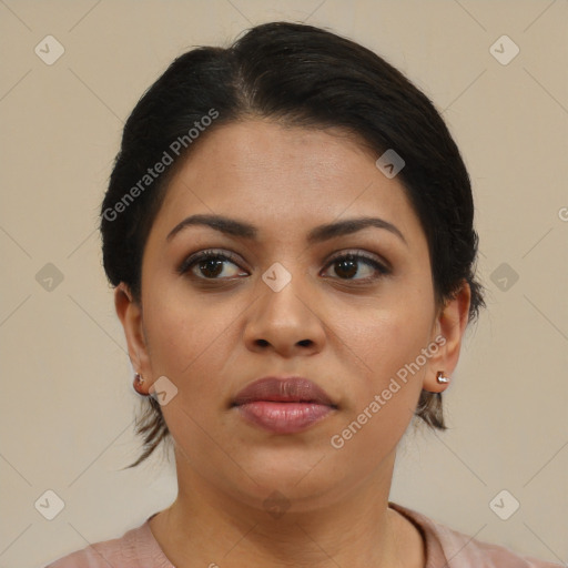 Neutral asian young-adult female with medium  brown hair and brown eyes