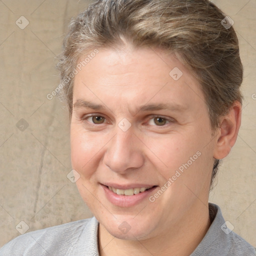 Joyful white adult female with short  brown hair and brown eyes