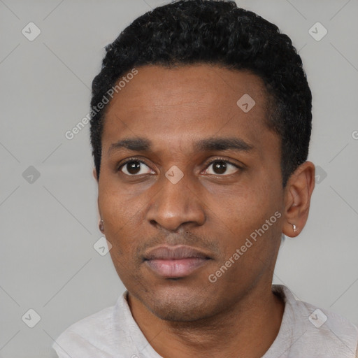 Neutral black young-adult male with short  black hair and brown eyes