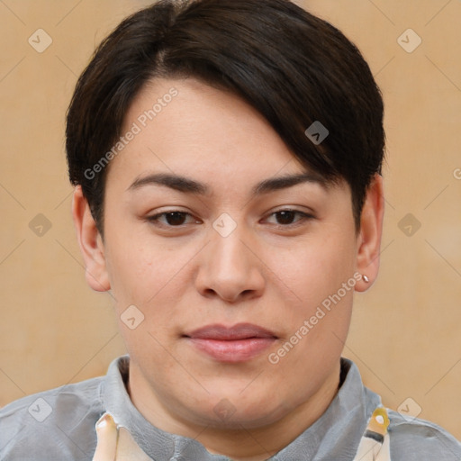 Joyful asian young-adult female with short  brown hair and brown eyes