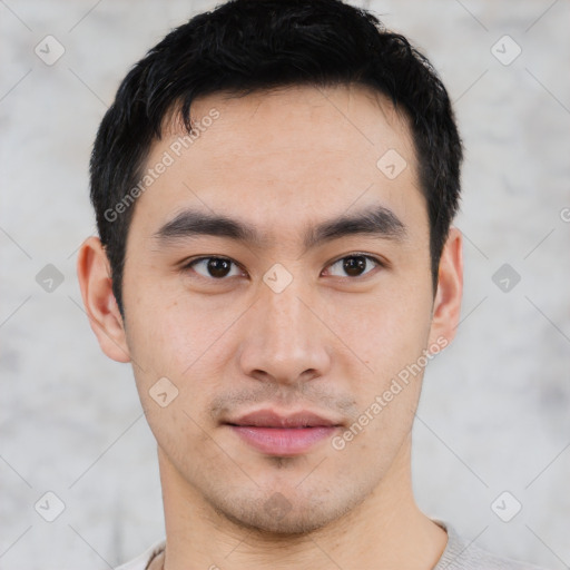 Neutral asian young-adult male with short  black hair and brown eyes