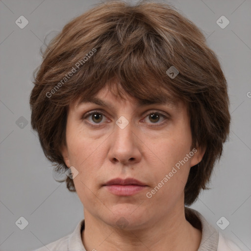 Neutral white adult female with medium  brown hair and brown eyes