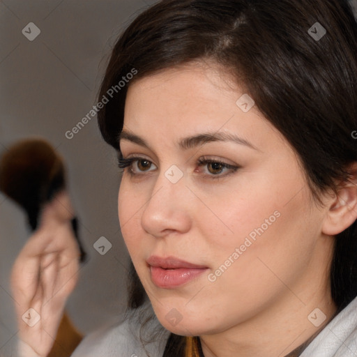 Neutral white young-adult female with medium  brown hair and brown eyes