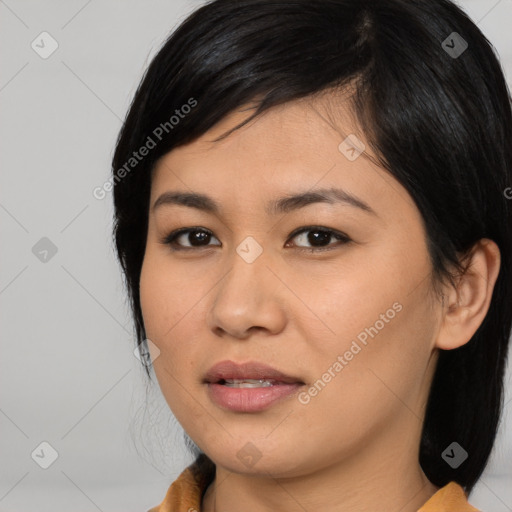 Neutral asian young-adult female with medium  black hair and brown eyes