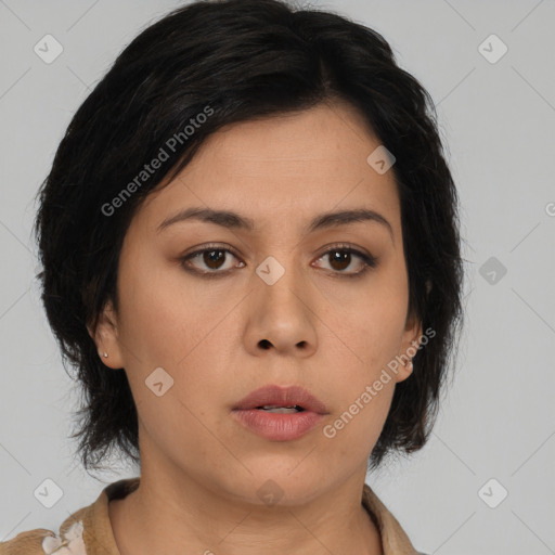 Neutral asian young-adult female with medium  brown hair and brown eyes