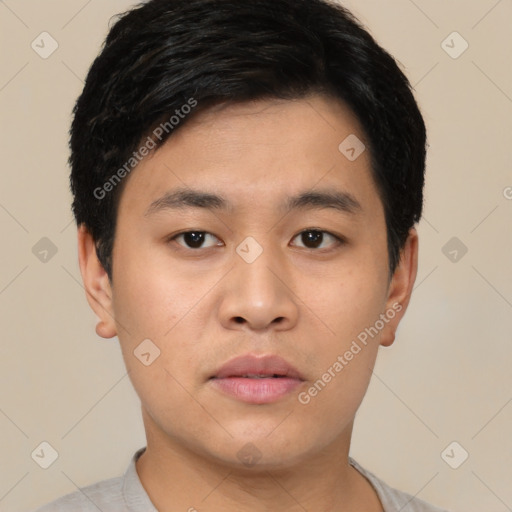 Neutral asian young-adult male with short  black hair and brown eyes