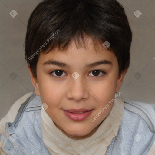 Joyful white child female with short  brown hair and brown eyes