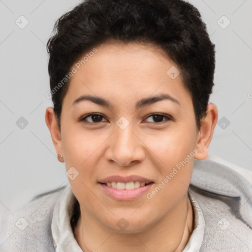Joyful asian young-adult female with short  brown hair and brown eyes