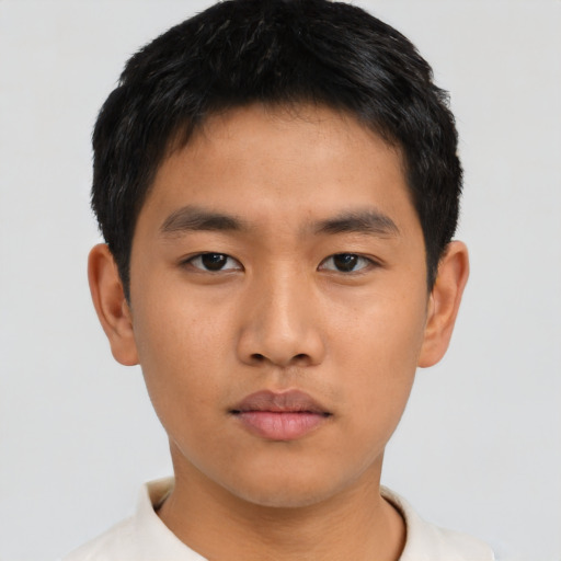 Neutral asian young-adult male with short  black hair and brown eyes