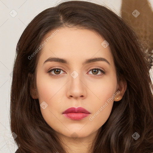 Neutral white young-adult female with long  brown hair and brown eyes