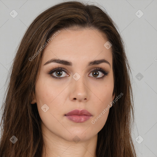 Neutral white young-adult female with long  brown hair and brown eyes