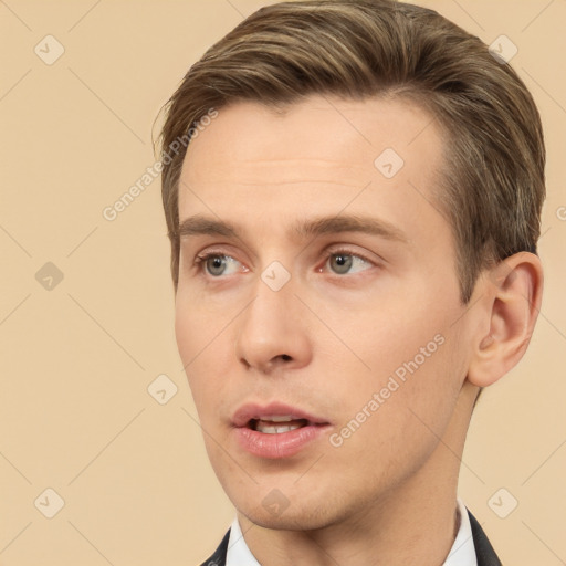 Neutral white young-adult male with short  brown hair and brown eyes