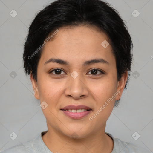 Joyful asian young-adult female with short  brown hair and brown eyes