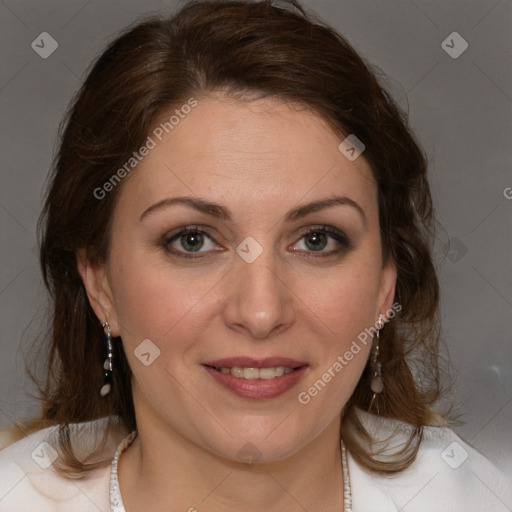 Joyful white young-adult female with medium  brown hair and blue eyes