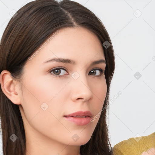 Neutral white young-adult female with long  brown hair and brown eyes