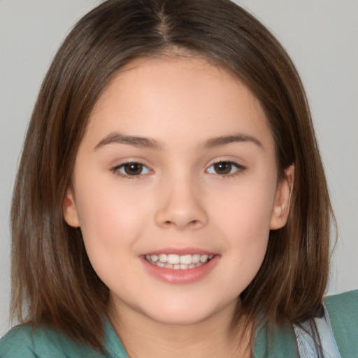 Joyful white child female with medium  brown hair and brown eyes