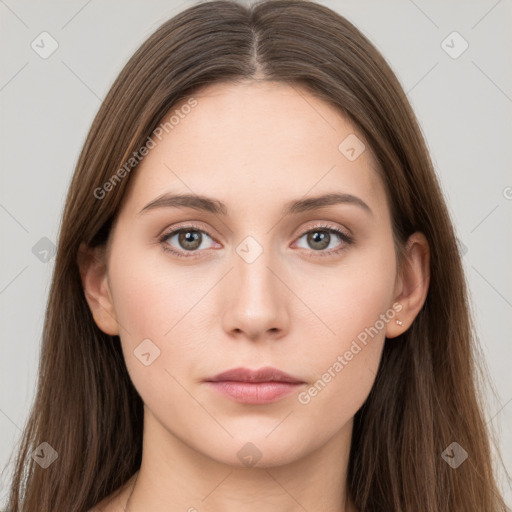 Neutral white young-adult female with long  brown hair and grey eyes