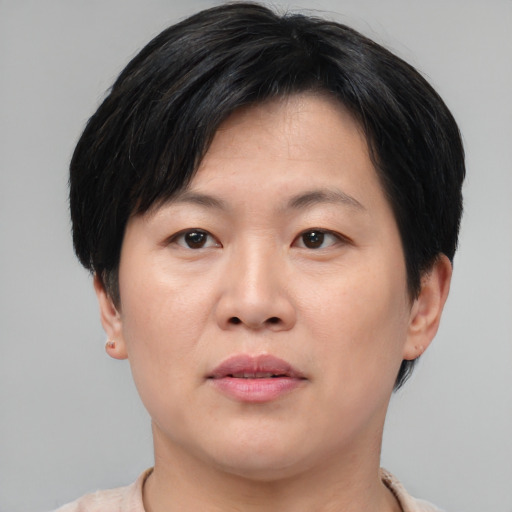 Joyful asian young-adult female with short  brown hair and brown eyes