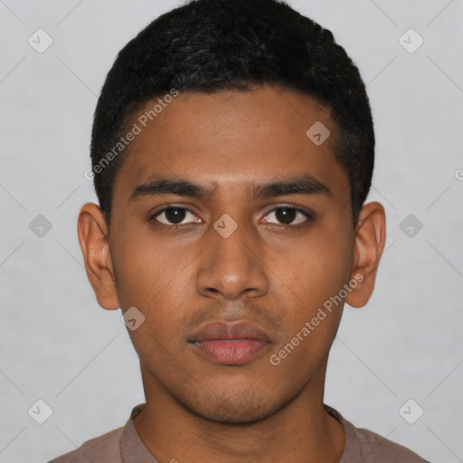 Neutral latino young-adult male with short  black hair and brown eyes