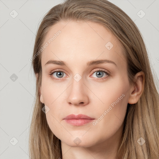 Neutral white young-adult female with long  brown hair and grey eyes