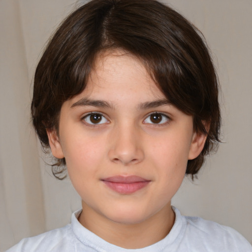 Joyful white child female with medium  brown hair and brown eyes