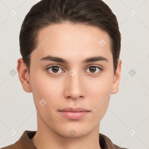 Neutral white young-adult male with short  brown hair and brown eyes