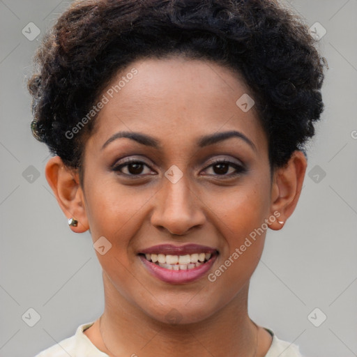 Joyful latino young-adult female with short  brown hair and brown eyes