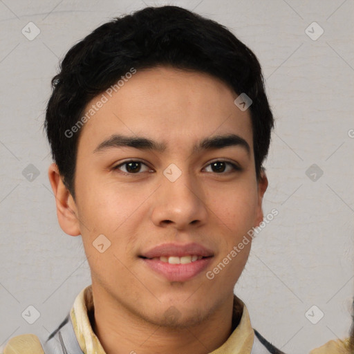 Joyful asian young-adult male with short  brown hair and brown eyes