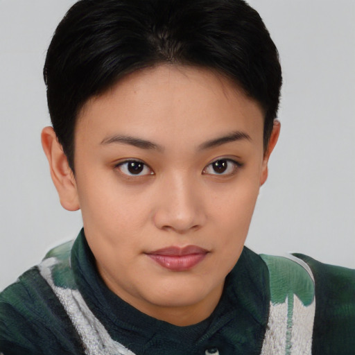 Joyful asian young-adult female with short  brown hair and brown eyes