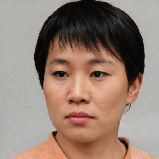 Neutral asian young-adult female with short  black hair and brown eyes