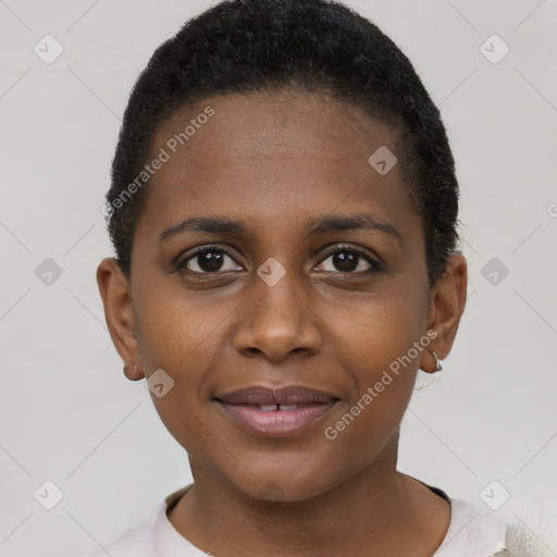 Joyful black young-adult female with short  brown hair and brown eyes