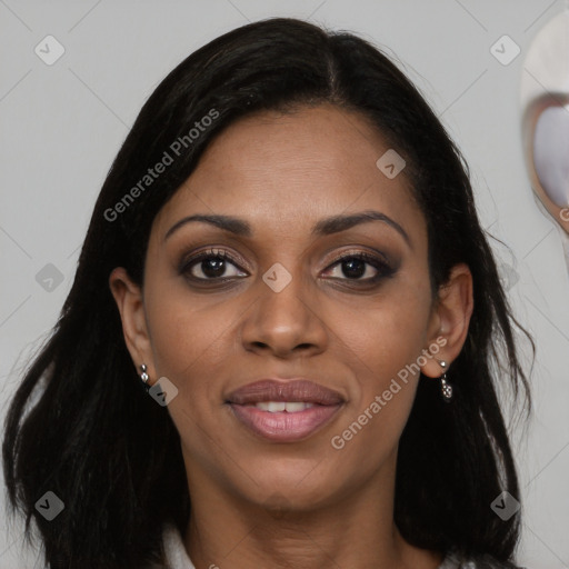 Joyful latino young-adult female with medium  brown hair and brown eyes