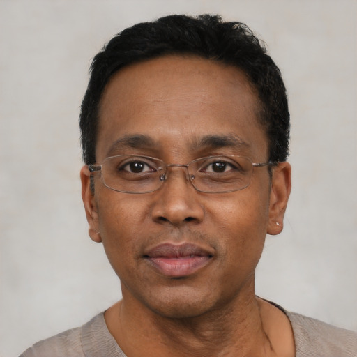 Neutral black adult male with short  black hair and brown eyes