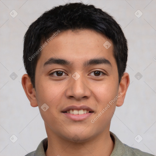 Joyful white young-adult male with short  black hair and brown eyes