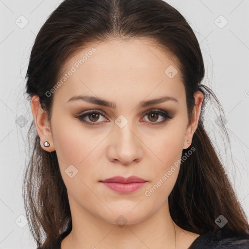 Joyful white young-adult female with long  brown hair and brown eyes