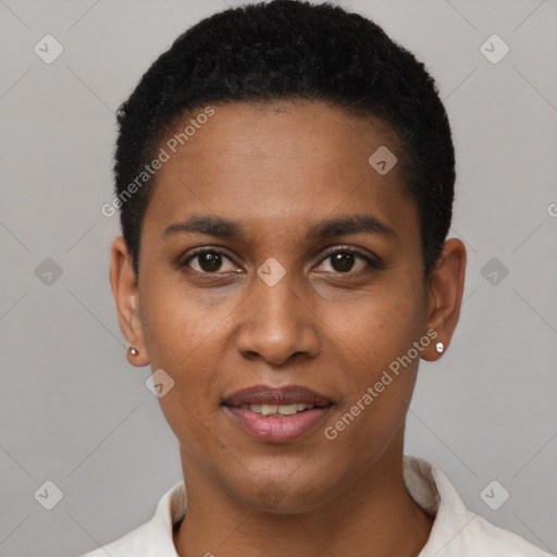 Joyful black young-adult female with short  black hair and brown eyes