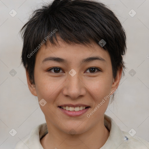 Joyful asian young-adult female with short  brown hair and brown eyes