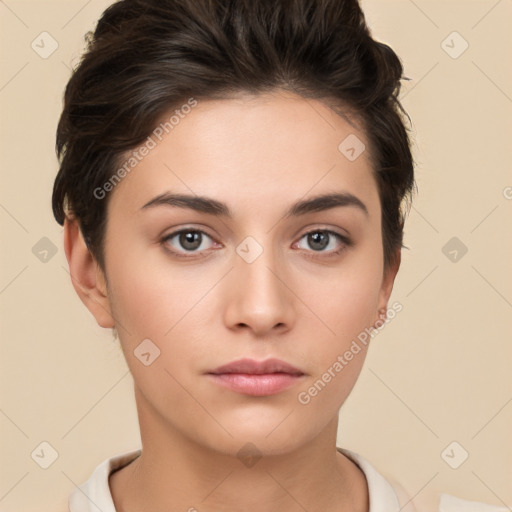 Neutral white young-adult female with short  brown hair and brown eyes