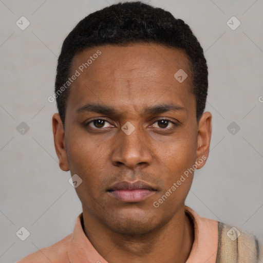 Neutral latino young-adult male with short  black hair and brown eyes