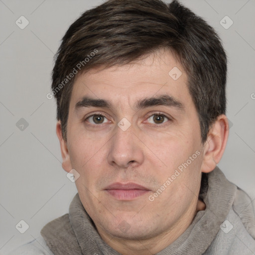 Neutral white young-adult male with short  brown hair and brown eyes