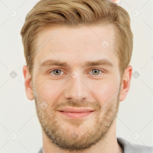 Joyful white adult male with short  brown hair and grey eyes