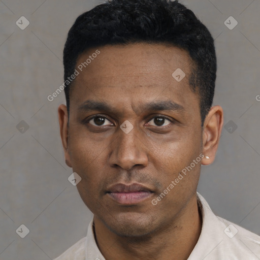 Neutral latino young-adult male with short  black hair and brown eyes