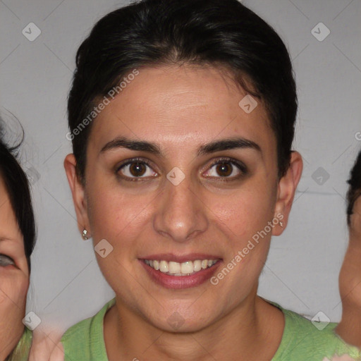 Joyful white young-adult female with short  brown hair and brown eyes