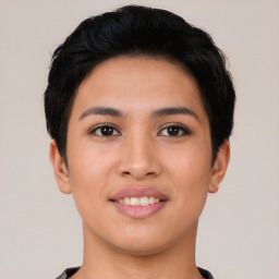 Joyful asian young-adult female with short  black hair and brown eyes