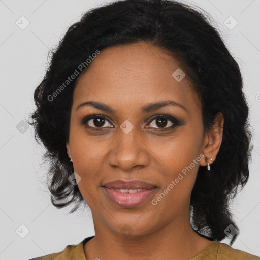 Joyful black young-adult female with medium  brown hair and brown eyes