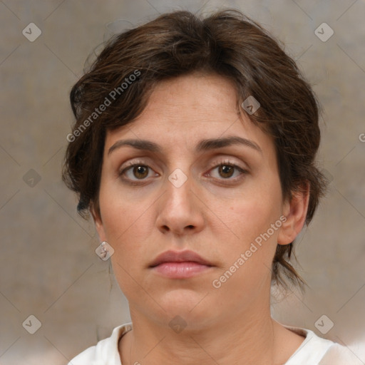 Neutral white young-adult female with medium  brown hair and brown eyes