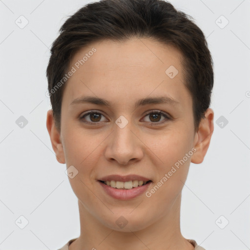 Joyful white young-adult female with short  brown hair and brown eyes