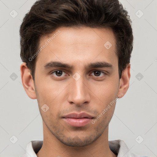 Neutral white young-adult male with short  brown hair and brown eyes