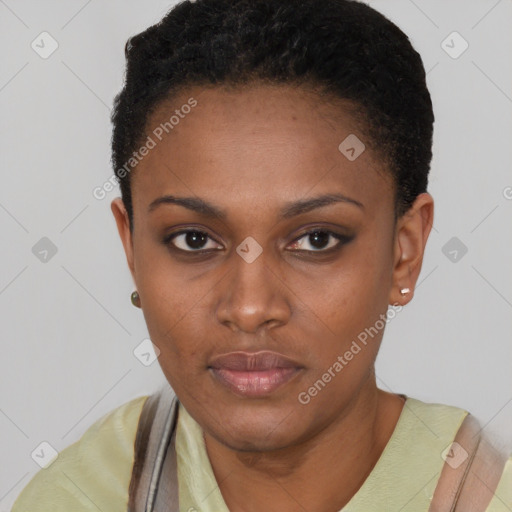 Neutral black young-adult female with short  black hair and brown eyes